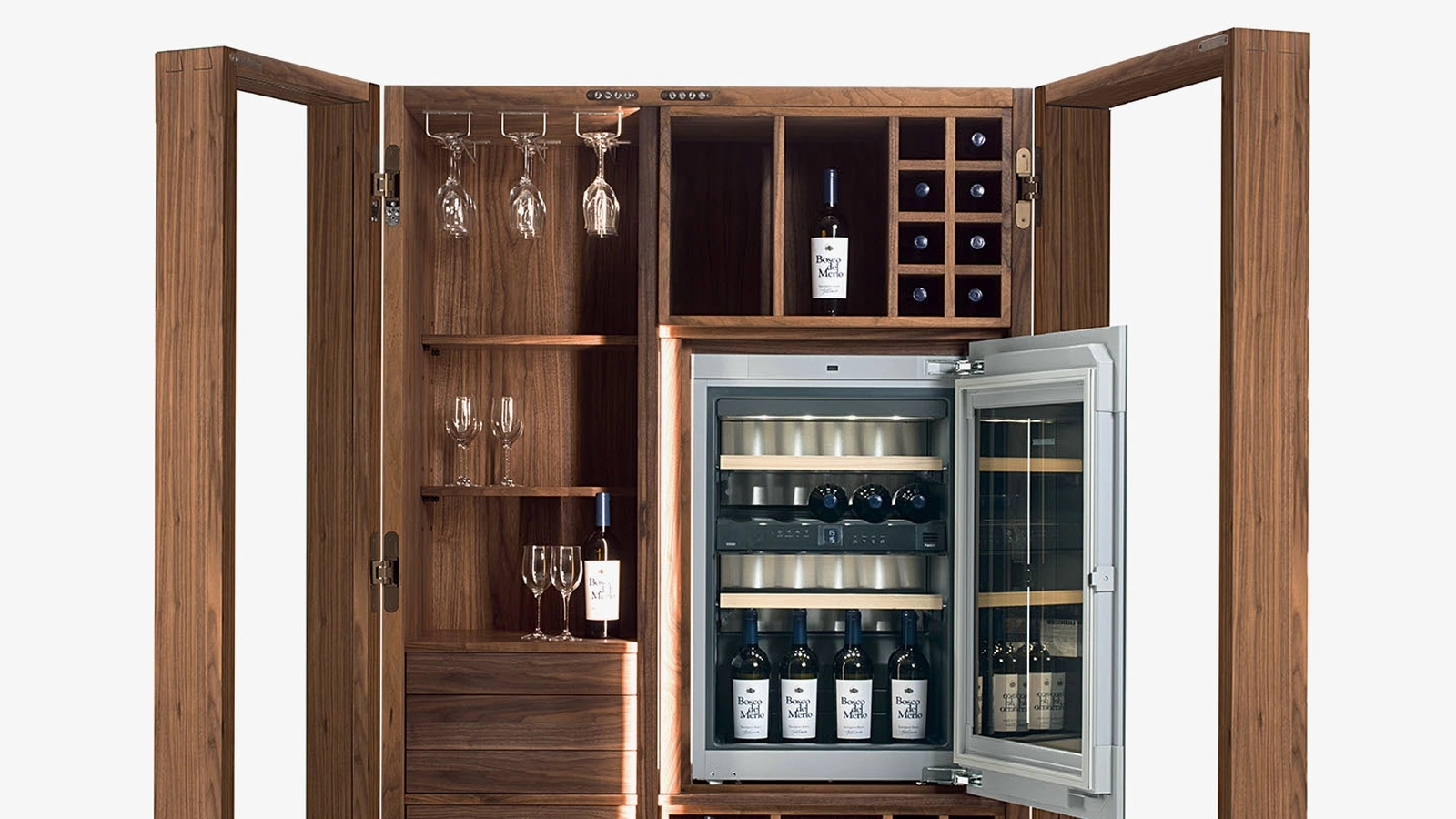 Contenitore Cambusa Wine Glass Jumbo in listellare e massello dotato di doppia anta in vetro di Riva1920