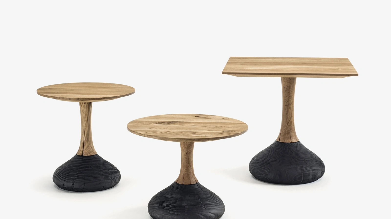 Tavolini Decant Small Table Round and Squared con top in legno massello a liste incollate, basamento realizzato da gamba centrale nella stessa essenza del top e piantana in legno di cedro vulcano di Riva1920
