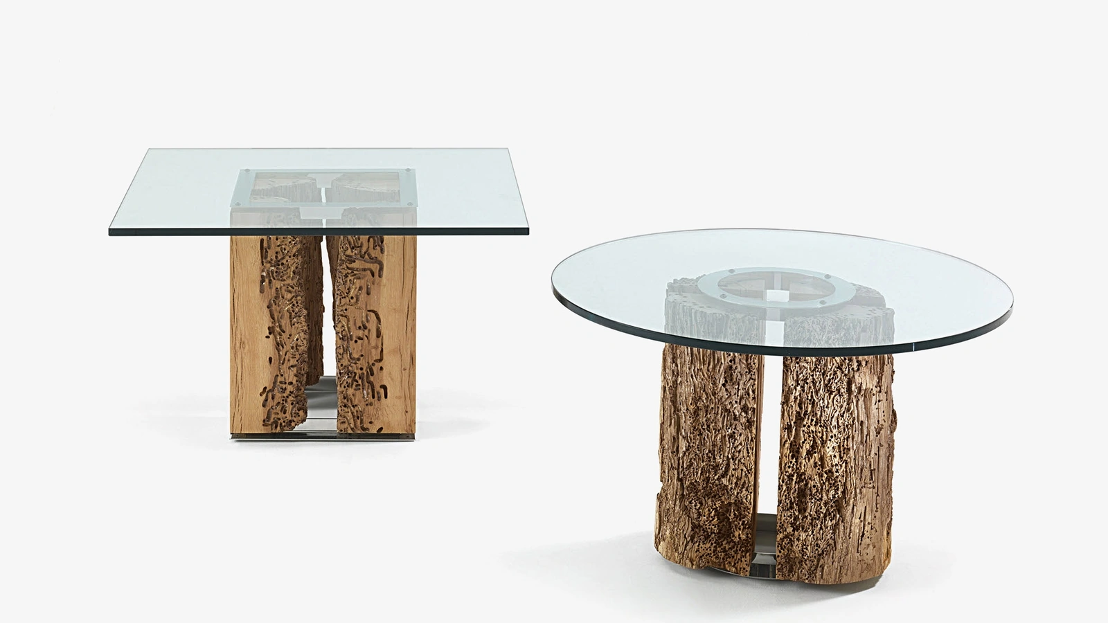 Tavolini Versa & Vice con top in vetro extrachiaro quadrato o tondo e base in legno massello di Briccola di Riva1920