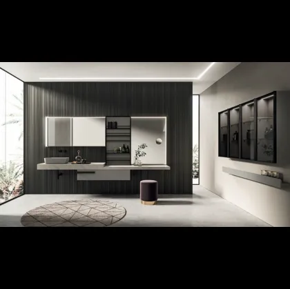 Mobile da Bagno sospeso Lympha 08 in laccato Grigio Londra, Mineral Stone e Malta Canapa di Altamarea