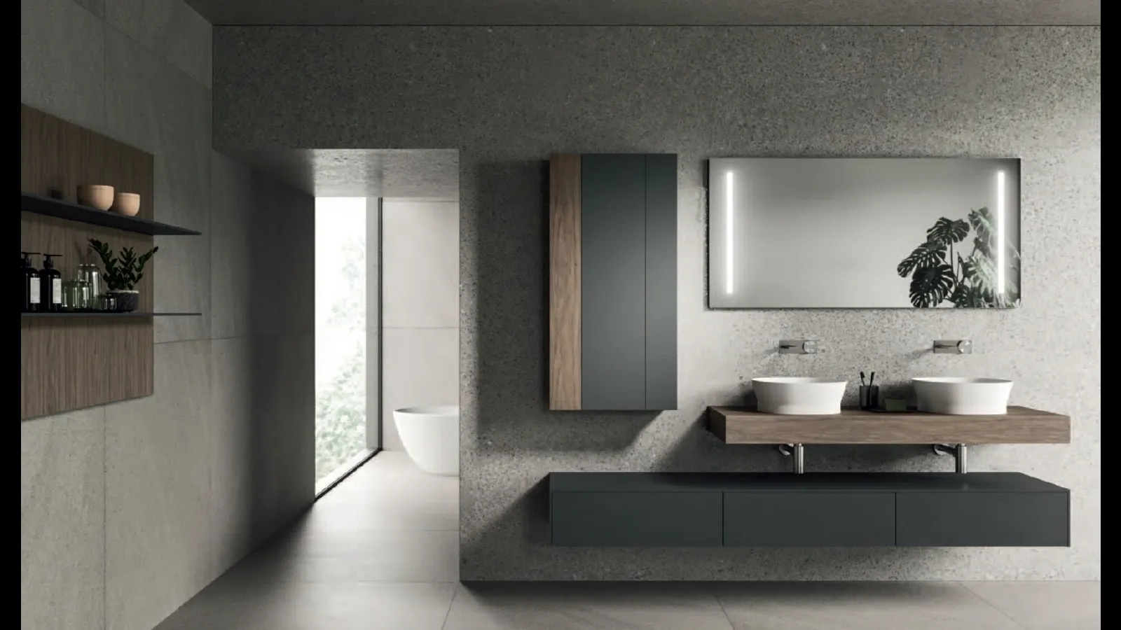 Mobile da Bagno Modo Project 06 in laccato Sand Grigio e laminato Noce Savoia di Altamarea