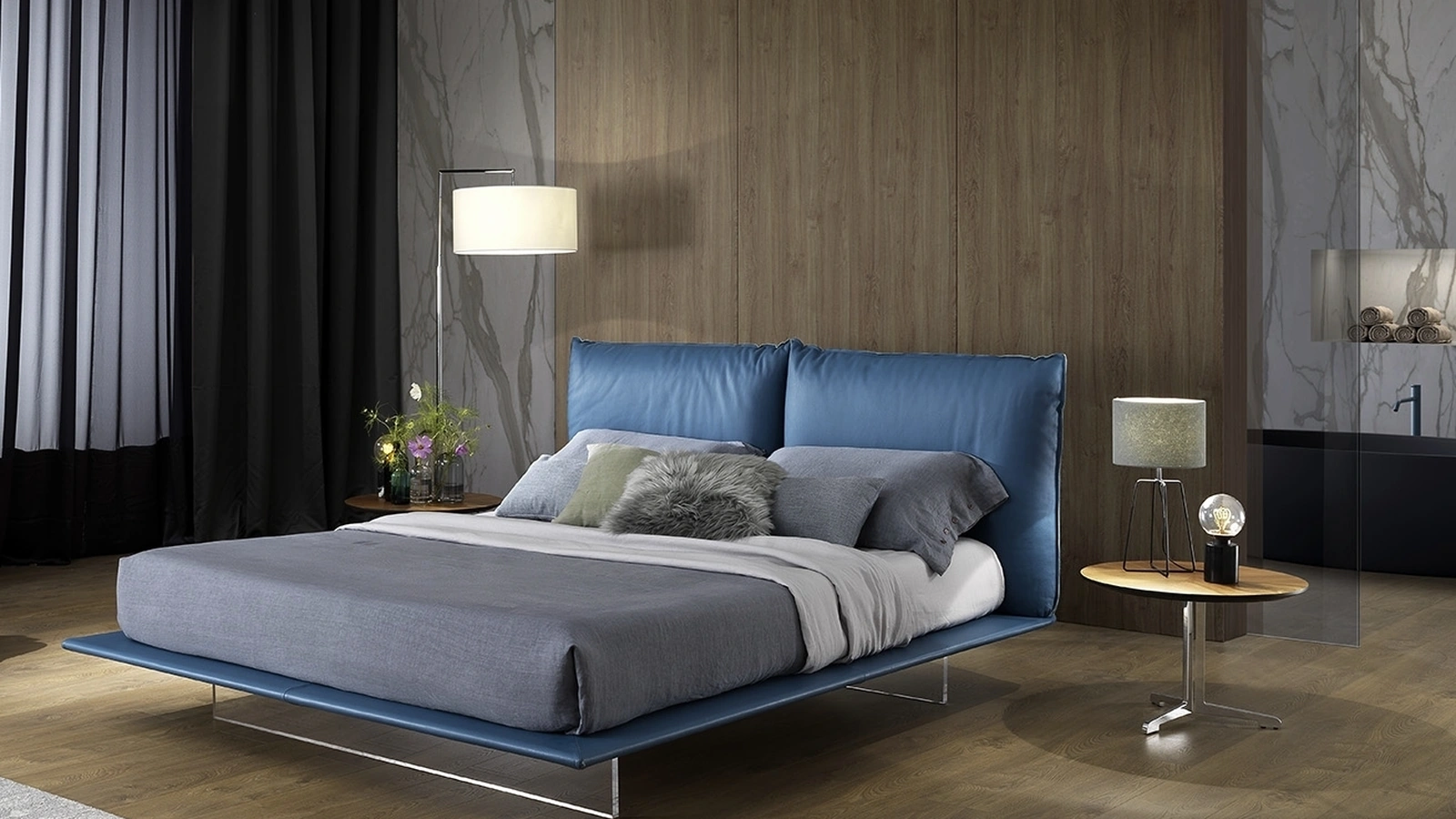 Letto Sky in pelle con piedi in plexiglass di Albani