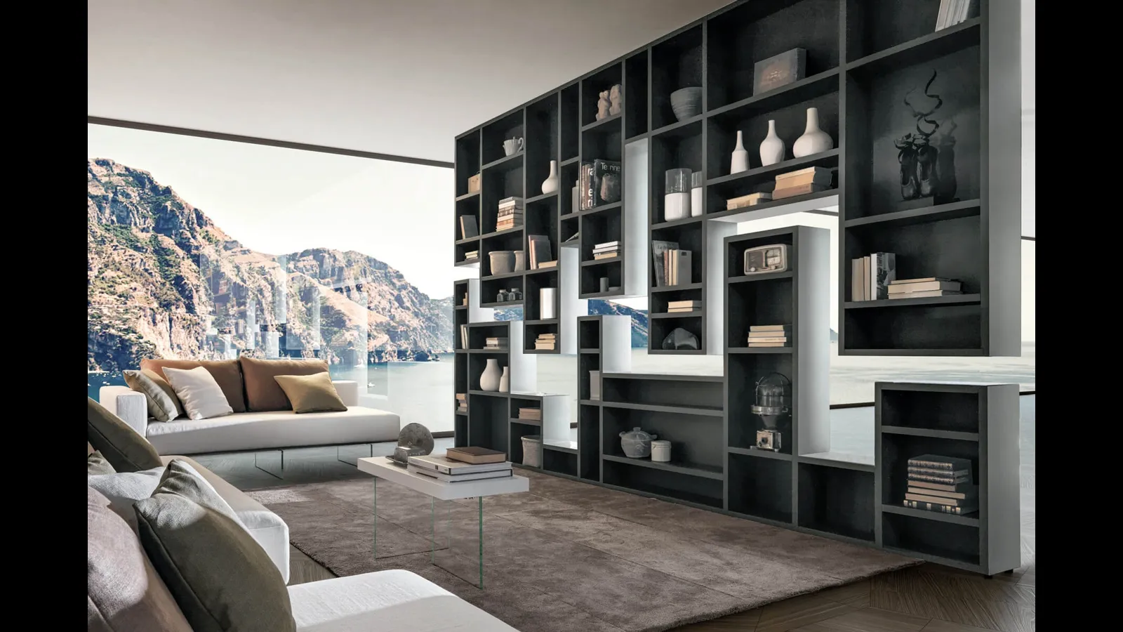 Libreria divisoria di design 30mm Weightless in parte sospesa al soffitto e in parte appoggiata a terra di Lago