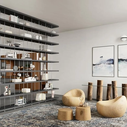 Libreria divisoria Piano Design Bookshelf realizzata in legno massello e listellare, caratterizzata da mensole distanziate da sottili elementi in acciaio inossidabile di Riva1920