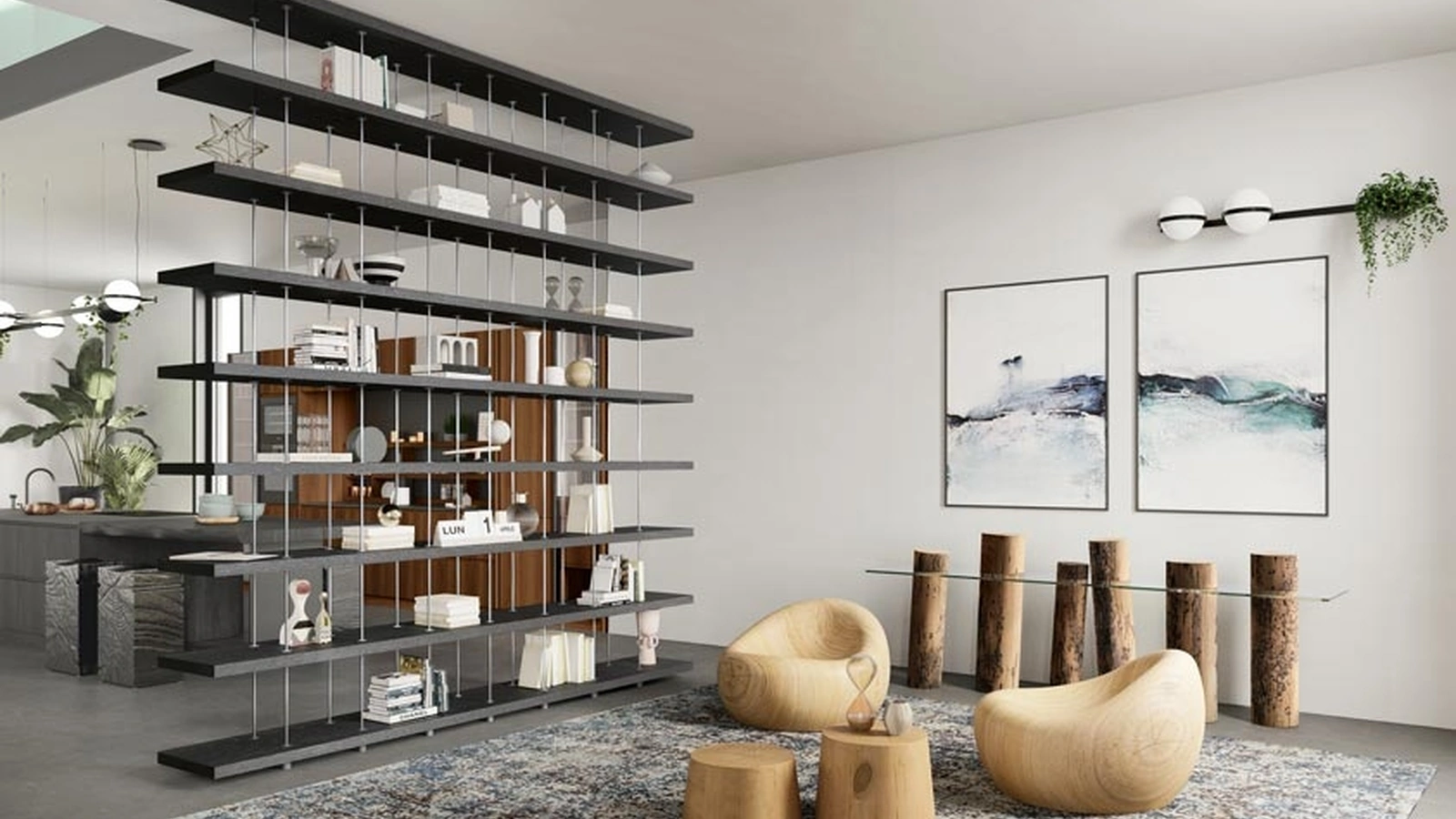 Libreria divisoria Piano Design Bookshelf realizzata in legno massello e listellare, caratterizzata da mensole distanziate da sottili elementi in acciaio inossidabile di Riva1920