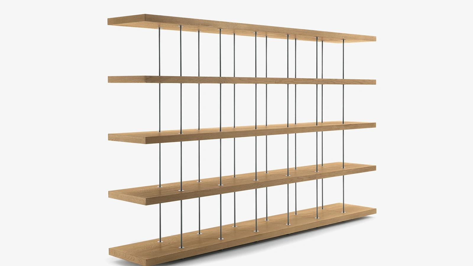 Libreria divisoria Piano Design Bookshelf realizzata in legno massello e listellare, caratterizzata da mensole distanziate da sottili elementi in acciaio inossidabile di Riva1920