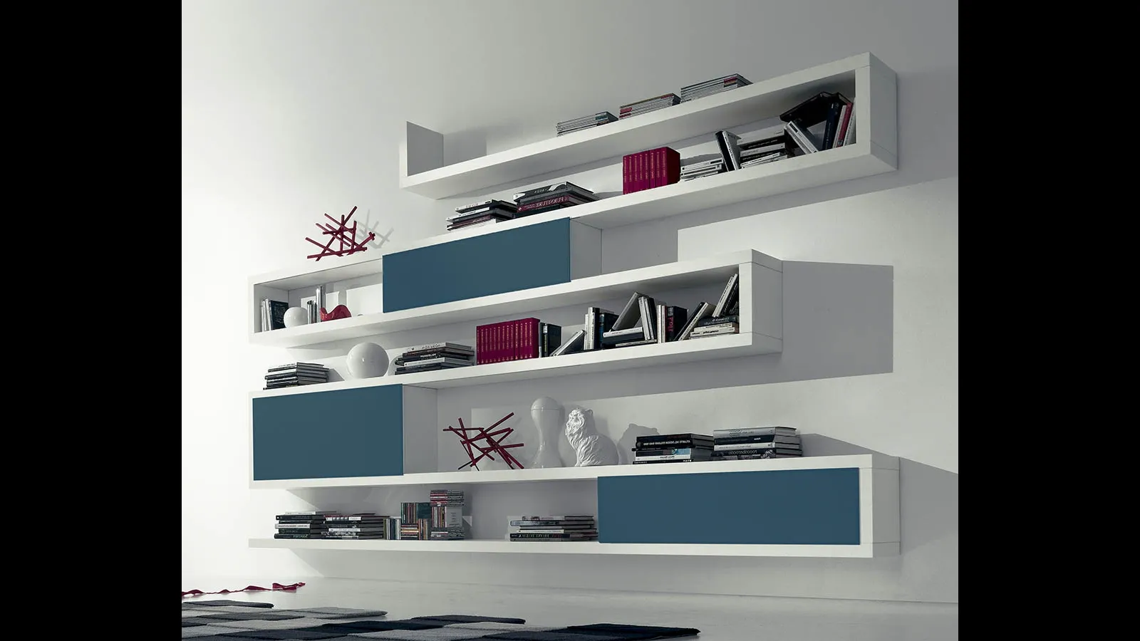 Libreria sospesa in rovere laccato inverno con ante scorrevoli in vetro satinato laccato Avio Side 18 di Fimar