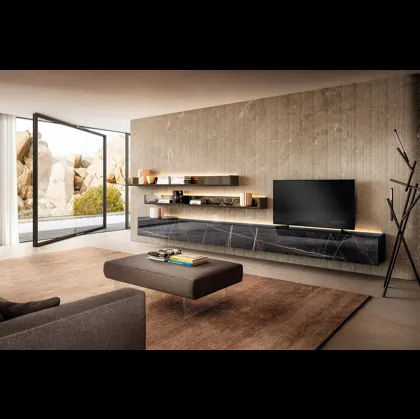 Parete Attrezzata sospesa LagoLinea 1236 in vetro, finitura Sahara Noir di Lago