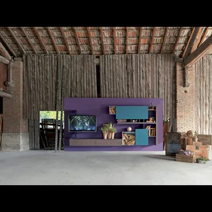 Parete Attrezzata sospesa in finitura olmo piombo, laccato avio e pietra opaco Side 01 di Fimar