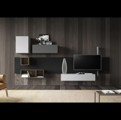 Parete Attrezzata Sorvolo D05 in finitura laccato visone, laccato ferro, noce random e pietra lavica di Fimar