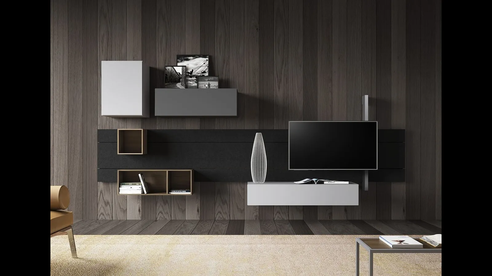 Parete Attrezzata Sorvolo D05 in finitura laccato visone, laccato ferro, noce random e pietra lavica di Fimar