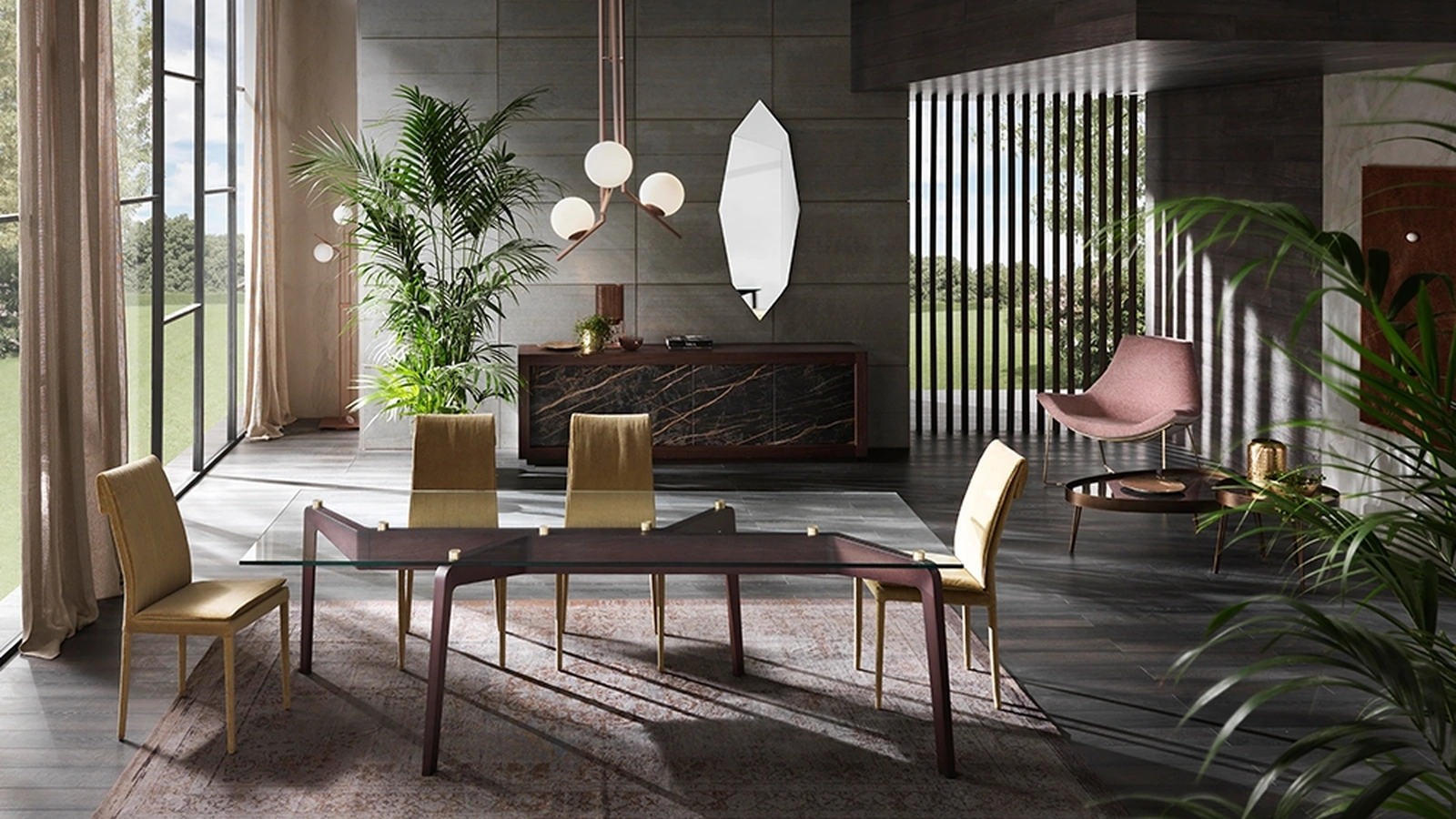 Tavolo Glide in vetro extrachiaro e base in massello di Frassino di Riflessi