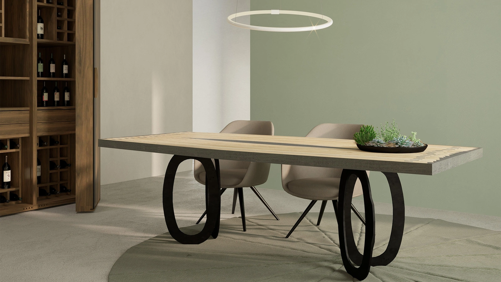 Tavolo Hypnotic con top costituito dall’accostamento di più doghe ricurve intervallate da inserti di resina nera e gambe composte ciascuna da due anelli ovali in ferro di Riva1920