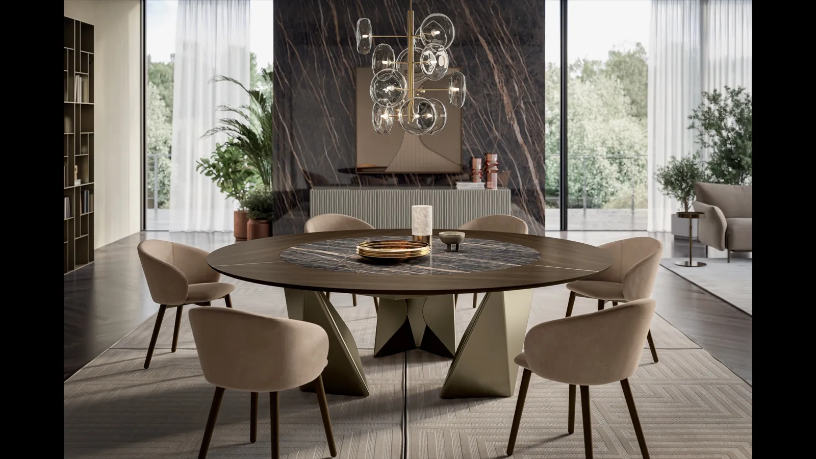 Tavolo rotondo in legno e SuperMarmo Kaleido di Bontempi