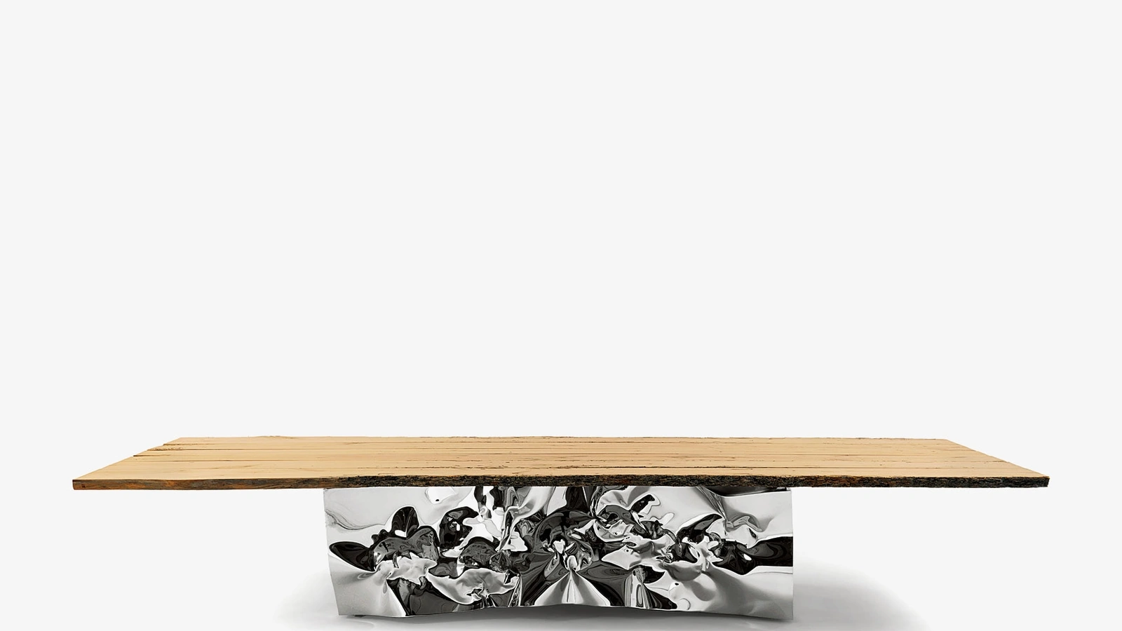 Tavolo Riflessi in Laguna con top realizzato in legno massello di Briccola a liste accostate e bordi naturali di Riva1920