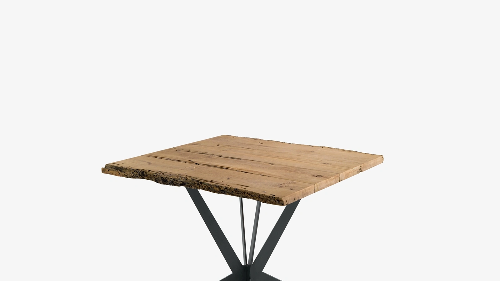 Tavolo Quadrato in legno massello di Briccola a liste accostate e due bordi naturali con gamba centrale in ferro con basamento a stella di Riva1920