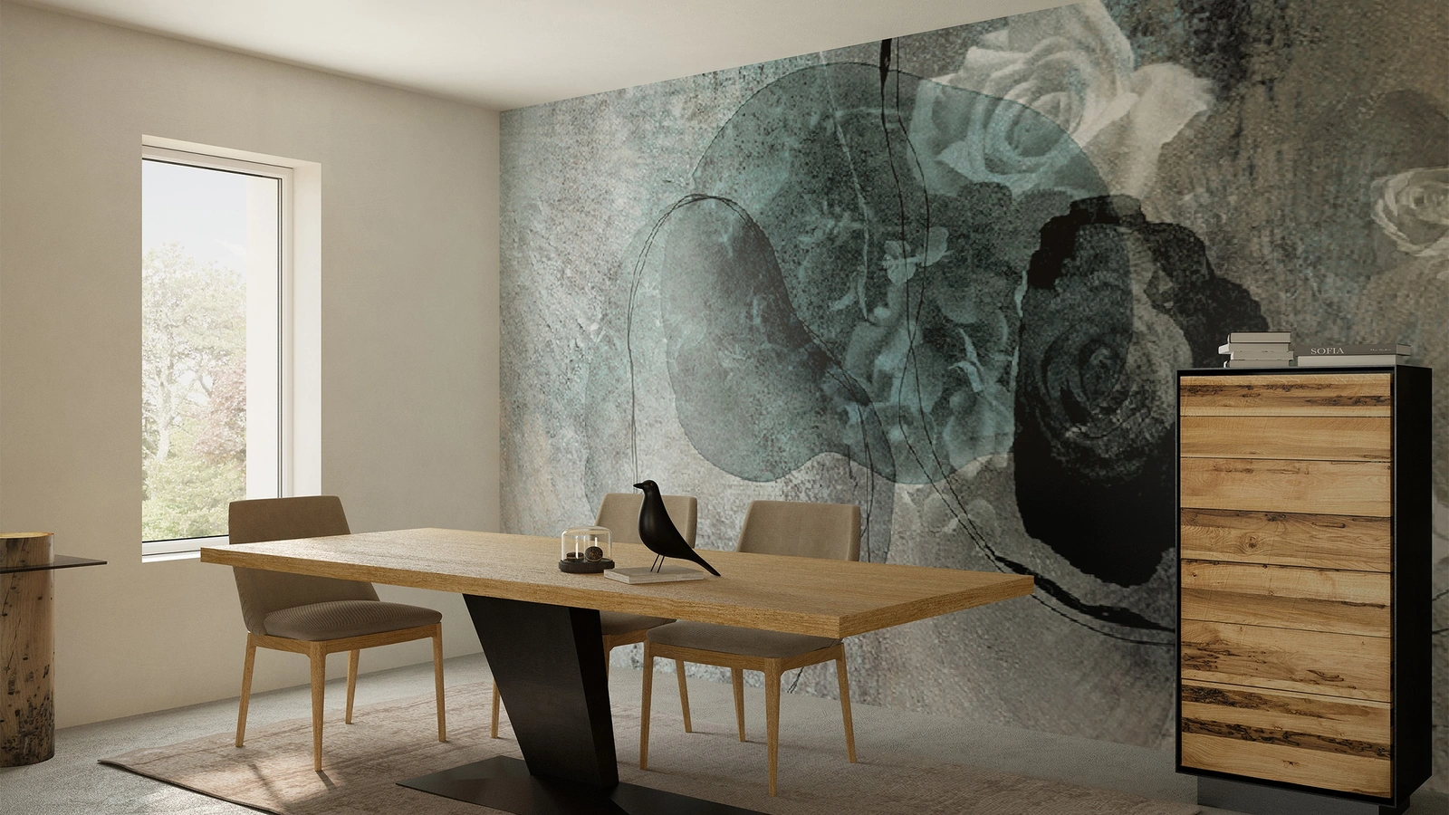 Tavolo Simple Blues con top in legno listellare impiallacciato e base in ferro inclinata e decentrata di Riva1920