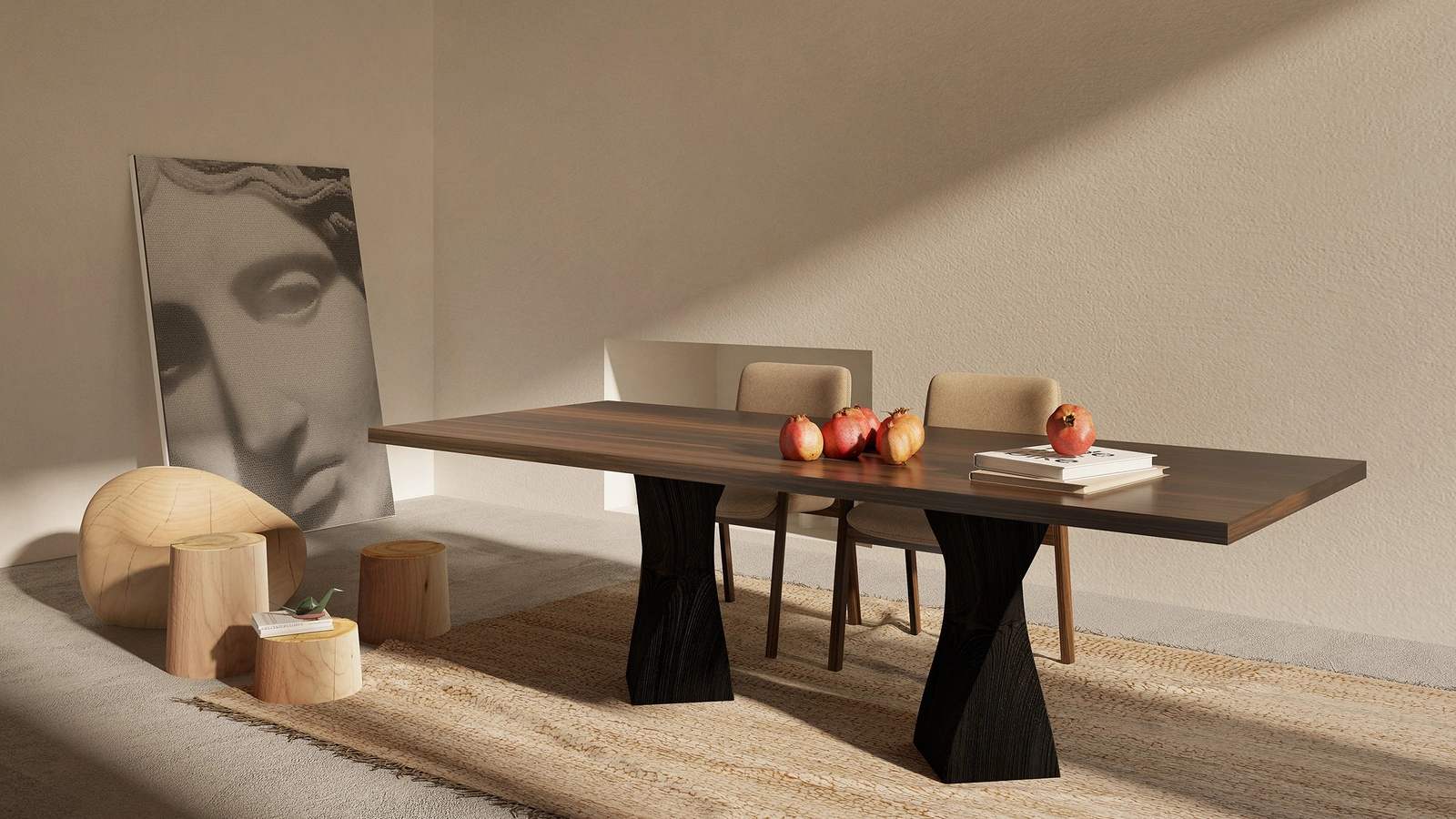 Tavolo Simple Twist con top in legno listellare impiallacciato con massello con gambe in legno massello di Riva1920