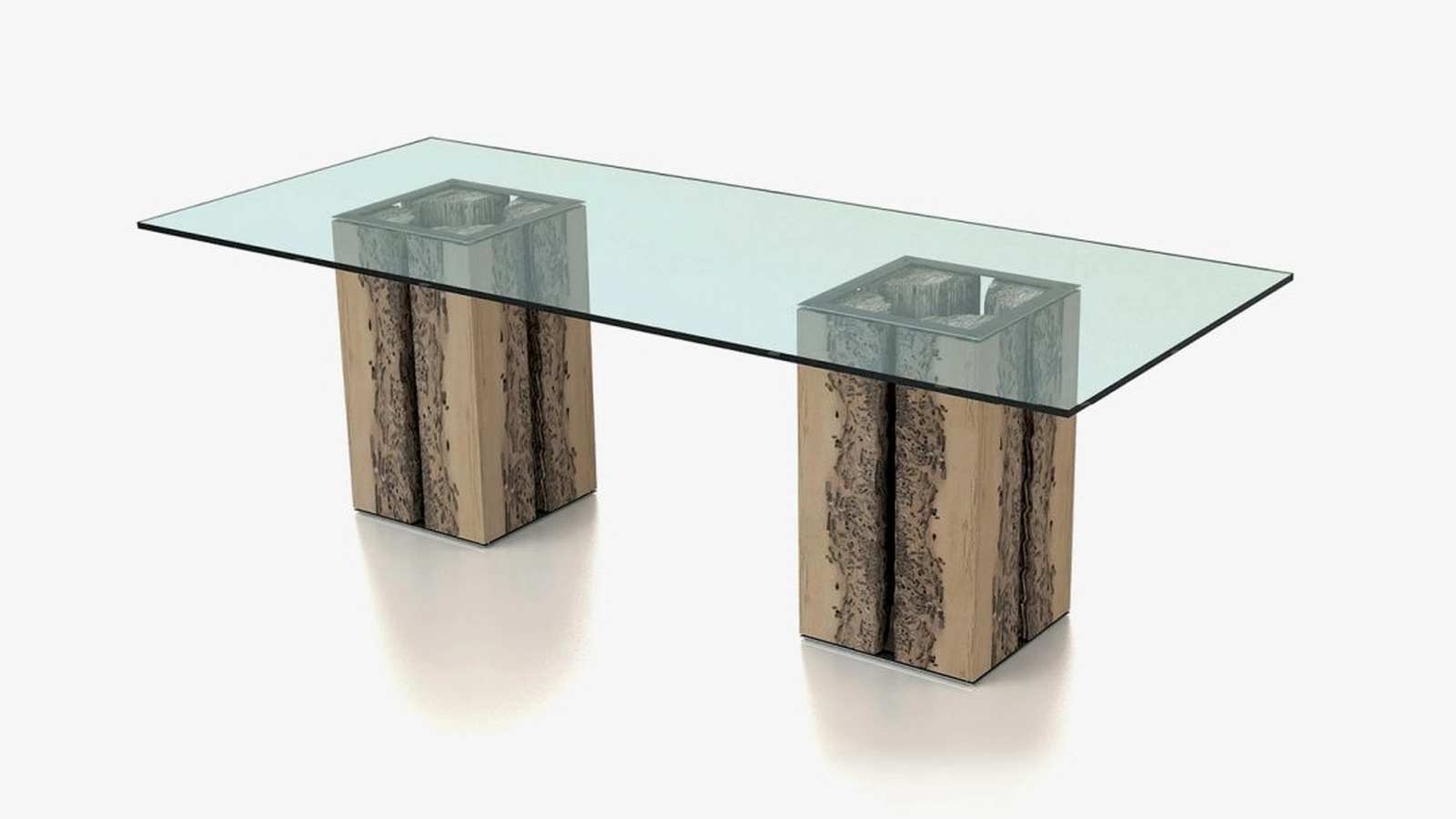 Tavolo Versa Table con top in vetro extrachiaro e gambe in legno massello di Briccola di Riva1920