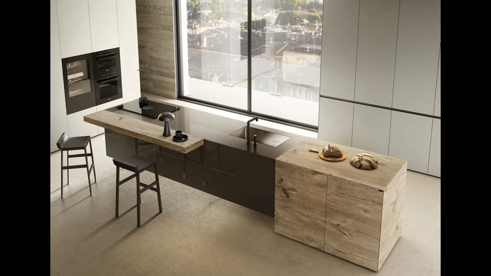 Cucina Design con isola 36e8 Project 2816 in vetro e legno di Lago