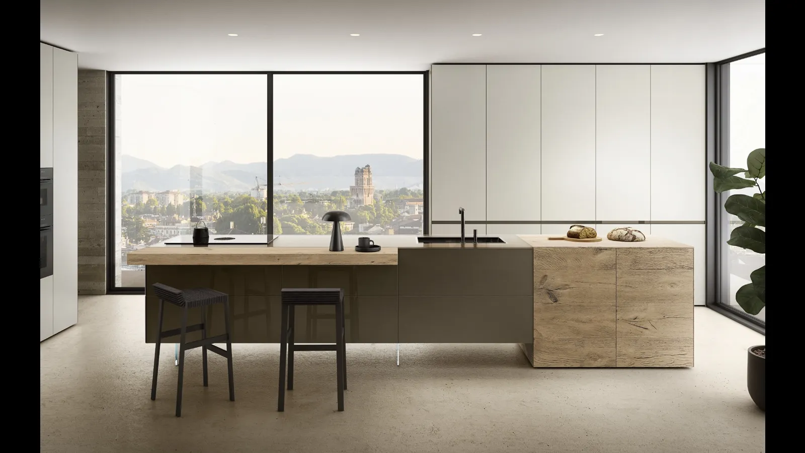 Cucina Design con isola 36e8 Project 2816 in vetro e legno di Lago