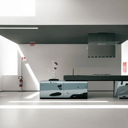 Cucina Design con disegni ad intarsio realizzati su vetro Artematica Vitrum Arte Natura Bianco e Nera di Valcucine