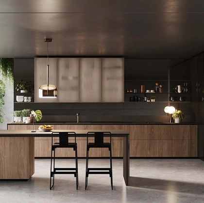 Cucina Design angolare con isola Forma Mentis Noce Canaletto di Valcucine