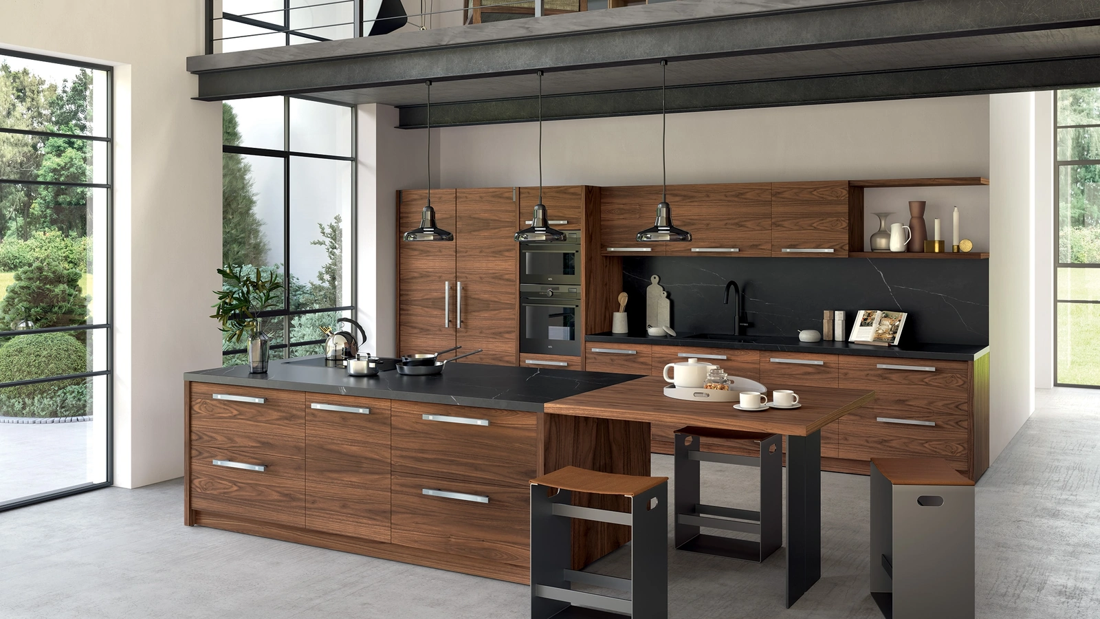 Cucina Design con isola Grangusto in legno di Noce con top in Dekton effetto marmo di Riva1920